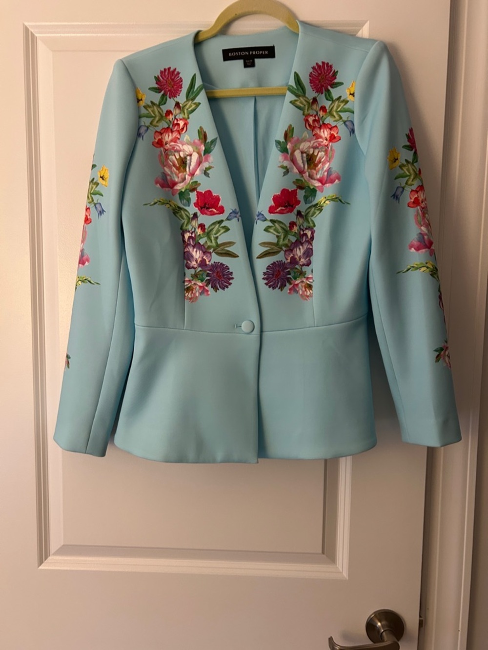 Boston Proper Light Aqua Floral Embroidered Blazer